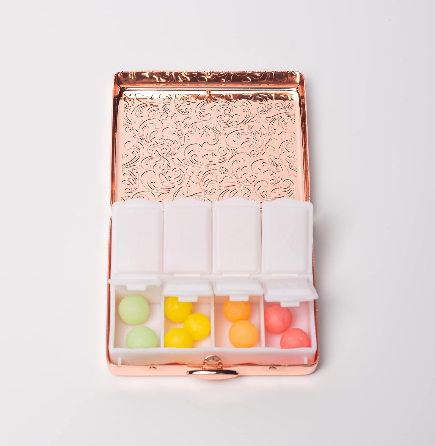 Fashion Elegant Medicine Portable Double Protection Switch Metal Travel Pill Box (7 Days) /8 Compartment (Pink) image 5