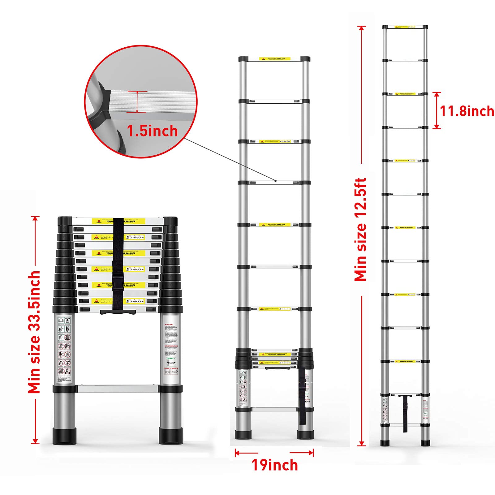 Suwinus 12.5 FT Aluminum Telescoping Ladder Collapsible Extension