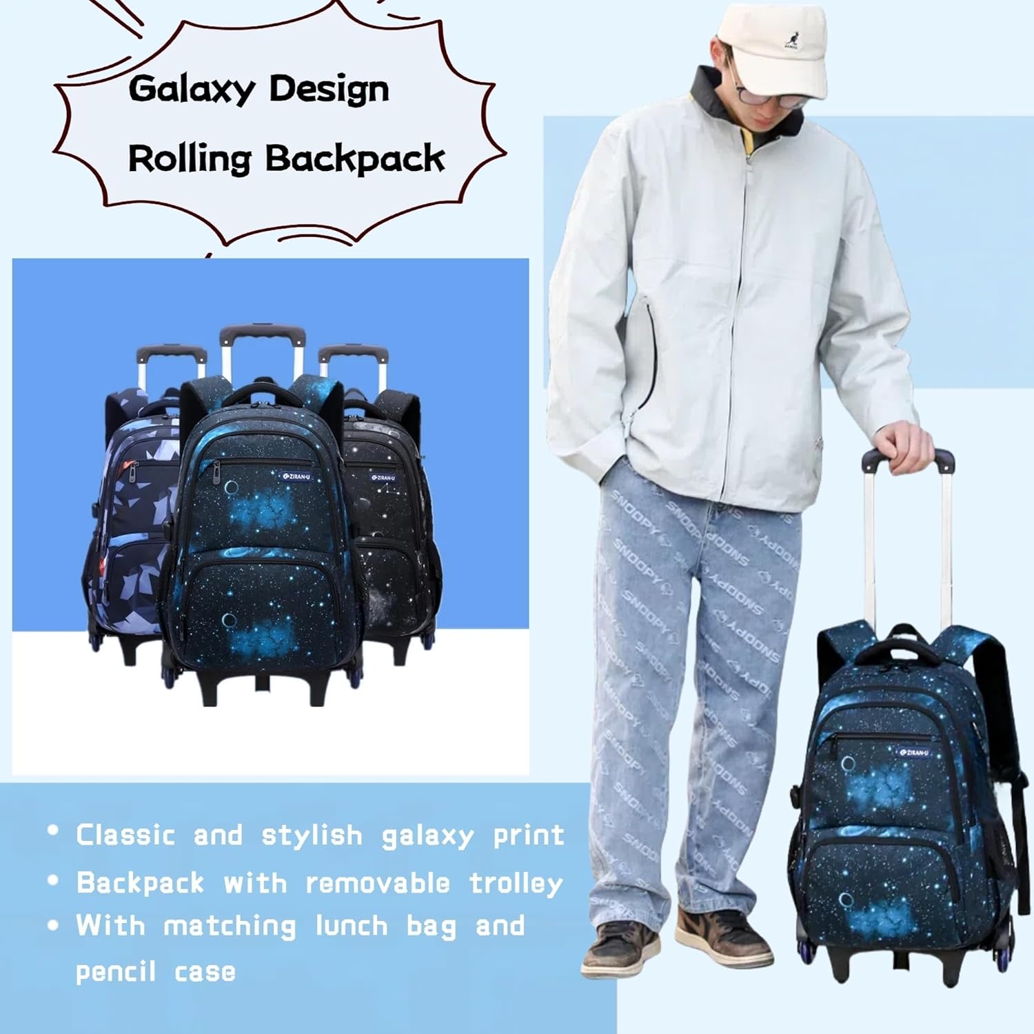 3Pcs Galaxy Boys Rolling Backpack Set with Insulated Lunch Bag, Multi-Pocket Trolley Elementary Bookbags School Bags on 6 Wheels - Image 2