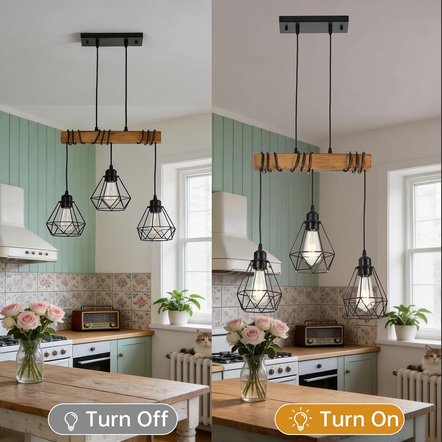 3-Lights Farmhouse Dining Room Pendant Light Fixtures Over Table, Rustic Solid Wood Kitchen Island Lighting Hanging with Metal Shades, Modern Black Ceiling Lamp for Living Room Hallway
