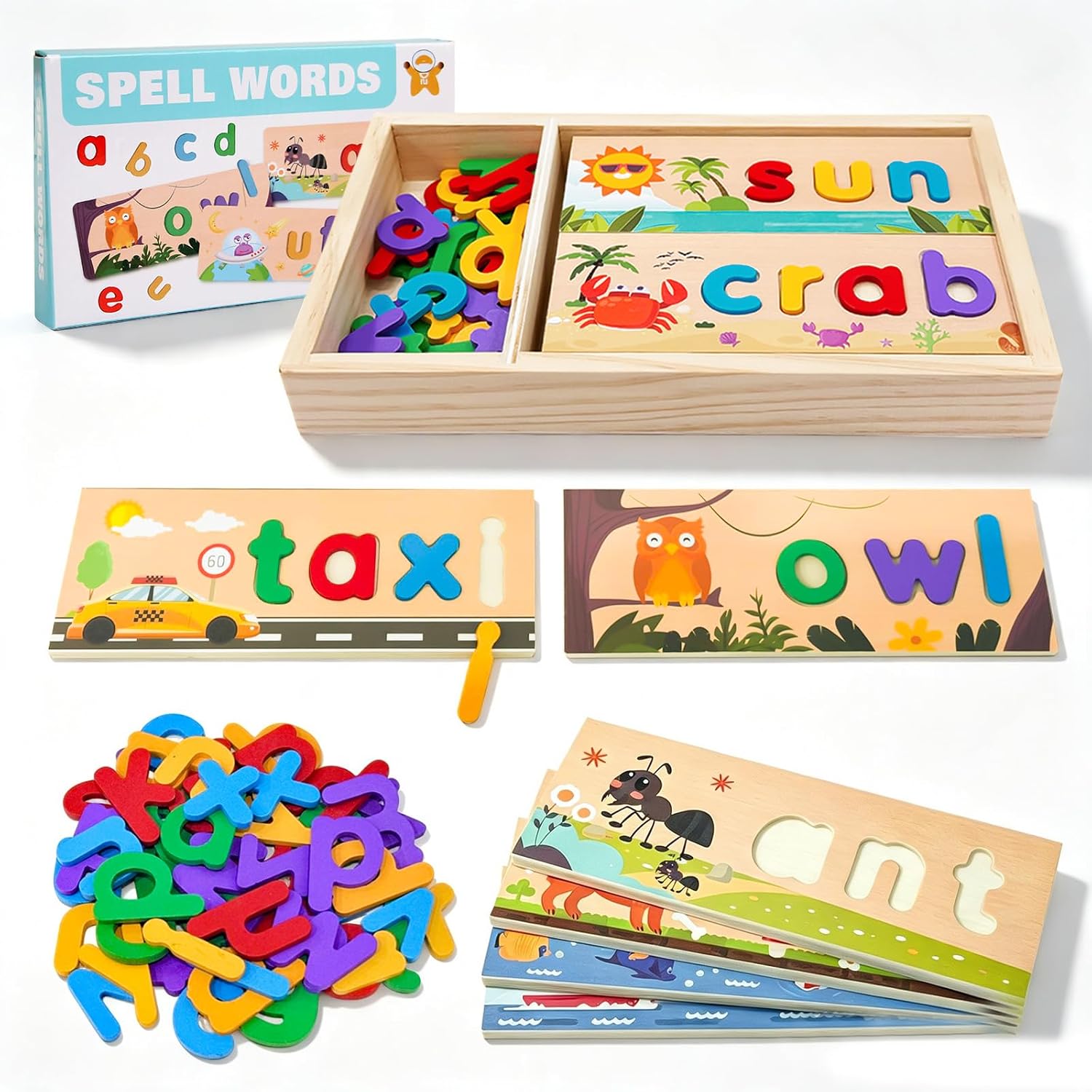 Wooden See and Spell Word Game Learning Toys for Kids 3-6 Puzzle Board