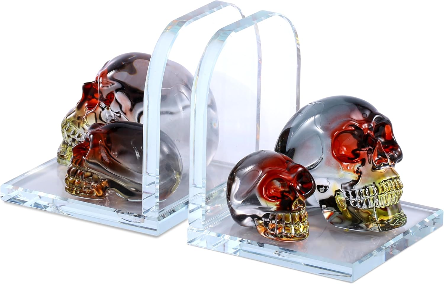 1 Pair Golden Crystal Skull Booksends,Artistic Design Modern Home Decorative Bookends,Book Ends for Heavy Books,Made of Transparent Crystal Material,Suitable for Study Room,Living Room and Office