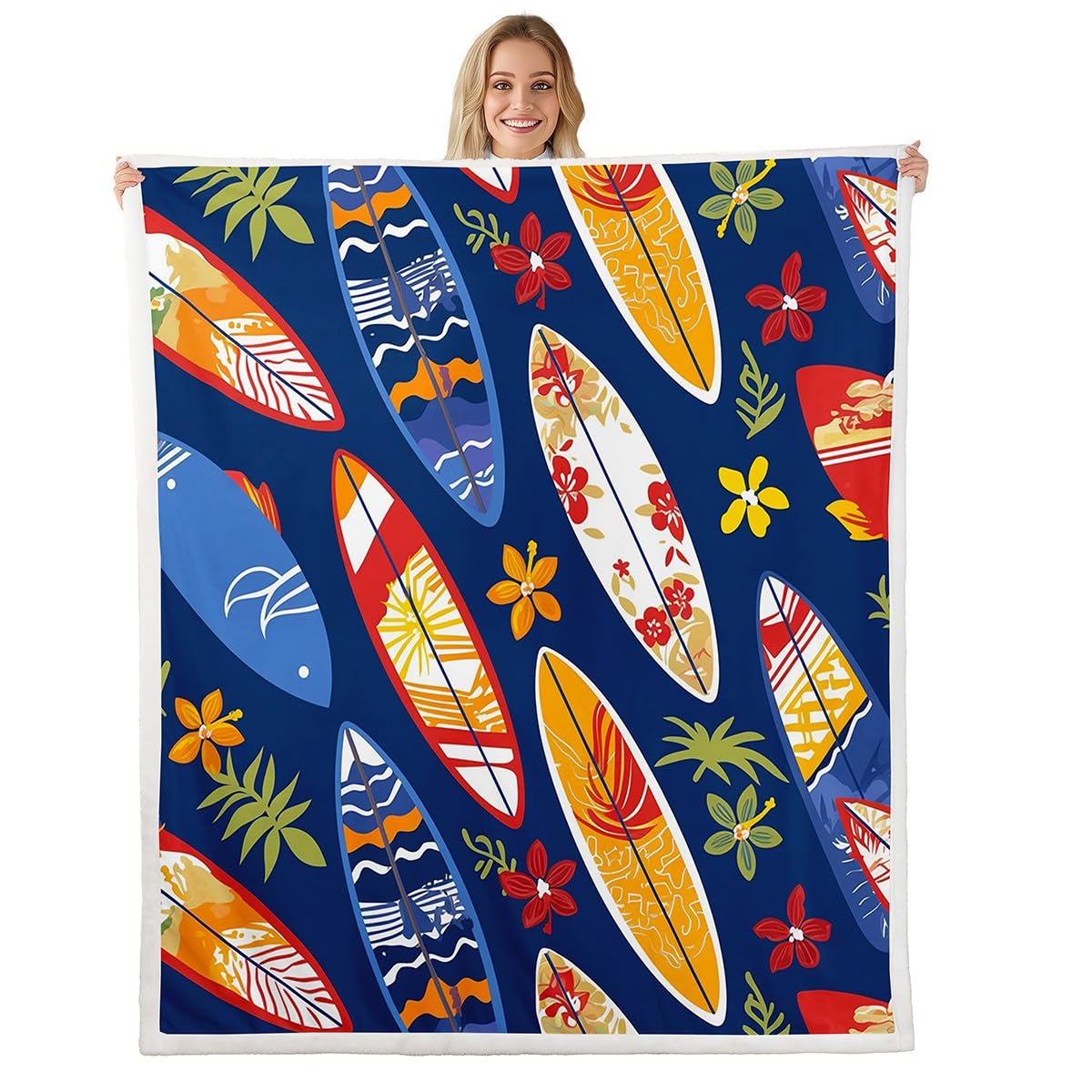 Feelyou Colorful Surfboard Printed Warm Plush Summer Surfing Sports Theme Fleece for Sofa Couch Blue Palm Leaf Decor Sherpa Blanket Throw Blanket