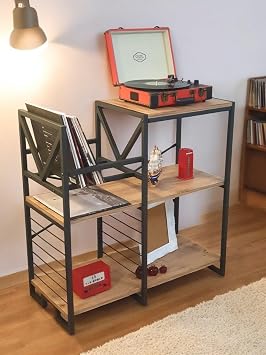 DECORATIVE RECORD STAND METAL BODY WOODEN SHELF PLATE CORNER DRESUAR