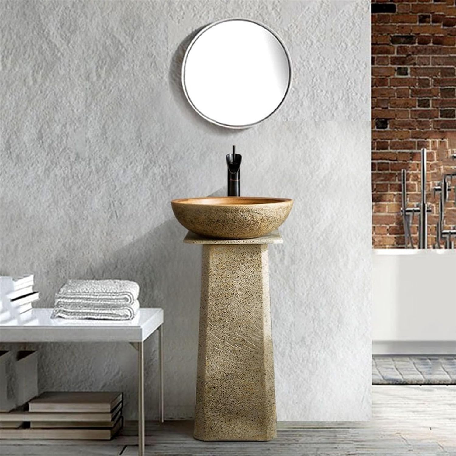 Washing table Column Washing table 3-piece retro column face washing unit, outdoor garden atrium pedestal sink, bed set ceramic container sink hand-carved washbasin for indoor and outdoor use sink (D