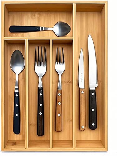 Miniatura 1 de Organizador de cajones de bambú para cocina, organizador de cubiertos y bandeja de cubiertos con separadores de cajones ranurados para cubiertos,
