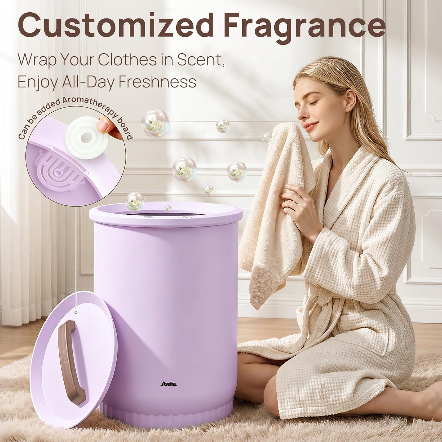 Asuka Towel Warmer, Large Towel Warmer for Bathroom with Wood Handle, 4 Delay Settings&Auto Shut Off, Towel Warmer Bucket Fits Two 40"X70" Oversized Towels, Bathrobes, Blankets, PJ's and More, Purple