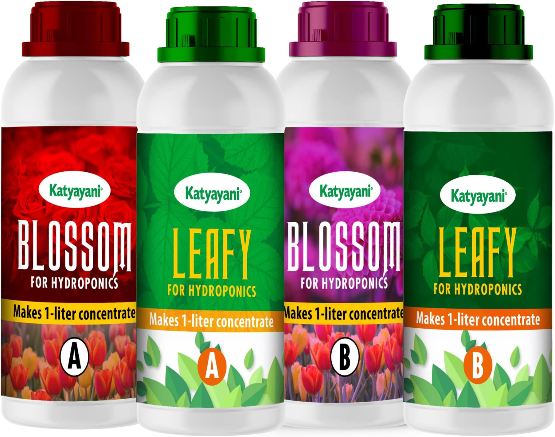 Katyayani Leafy (A + B ) Leaf enhancer(400 ml x 2) + Katyayani Blossom (A+B)(400 ml x 2) |Natural Nutrient Rich Plant growth regulator Flowering booster Bloom stimulant Hydroponic Nutrients Fertilizer