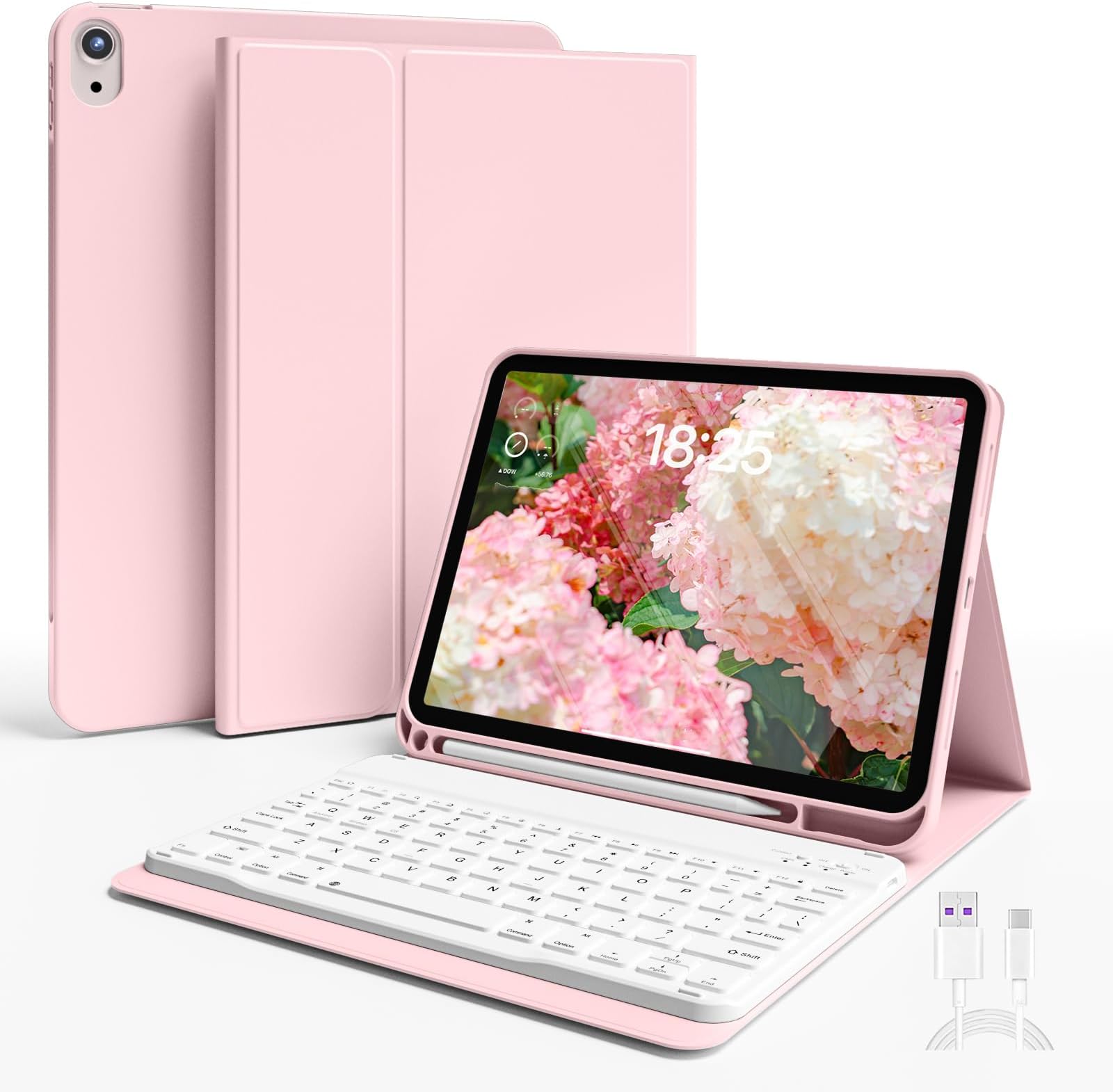 GKABXY Keyboard Case for iPad (A16) 11th Gen 11 inch 2025 & iPad 10th Gen 10.9 inch 2022 with Holder | Detachable Bluetooth Wireless Keyboard | Soft TPU Back Shell | Auto Sleep/Wake(Chalk Pink