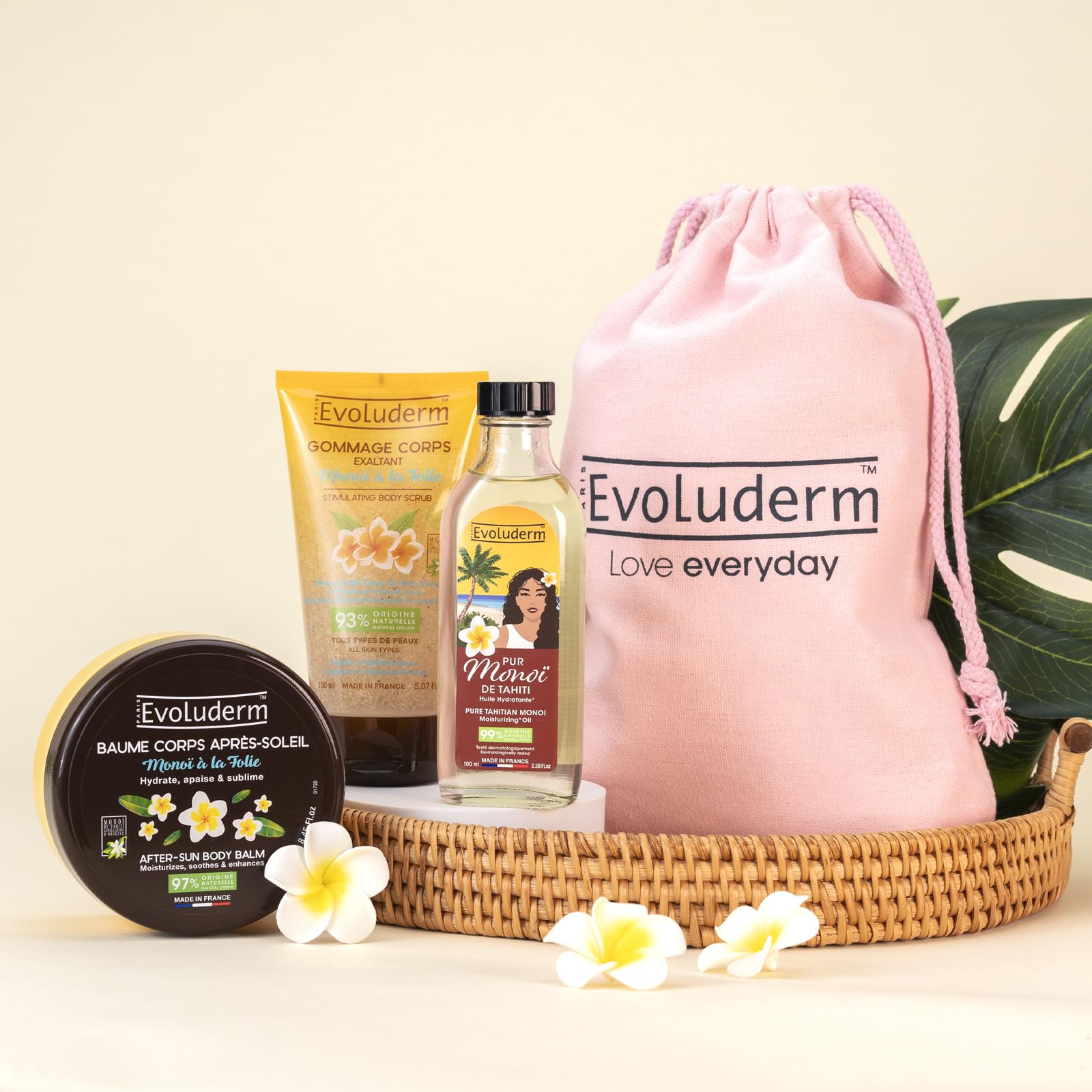 EVOLUDERM – Routine Voyage Ensoleillé – 1 Baume Après Soleil + 1 Huile Hydratante + 1 Gommage Corps + 1 Pochon 100% Coton Offert – idée Cadeau - Fabrication Française