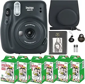 Fujifilm Instax Mini 11 Camera with Fujifilm Instant Mini Film (60 Sheets) Bundle with Deals Number One Accessories Including Carrying Case, Selfie Lens, Photo Album, Stickers (Charcoal Gray)