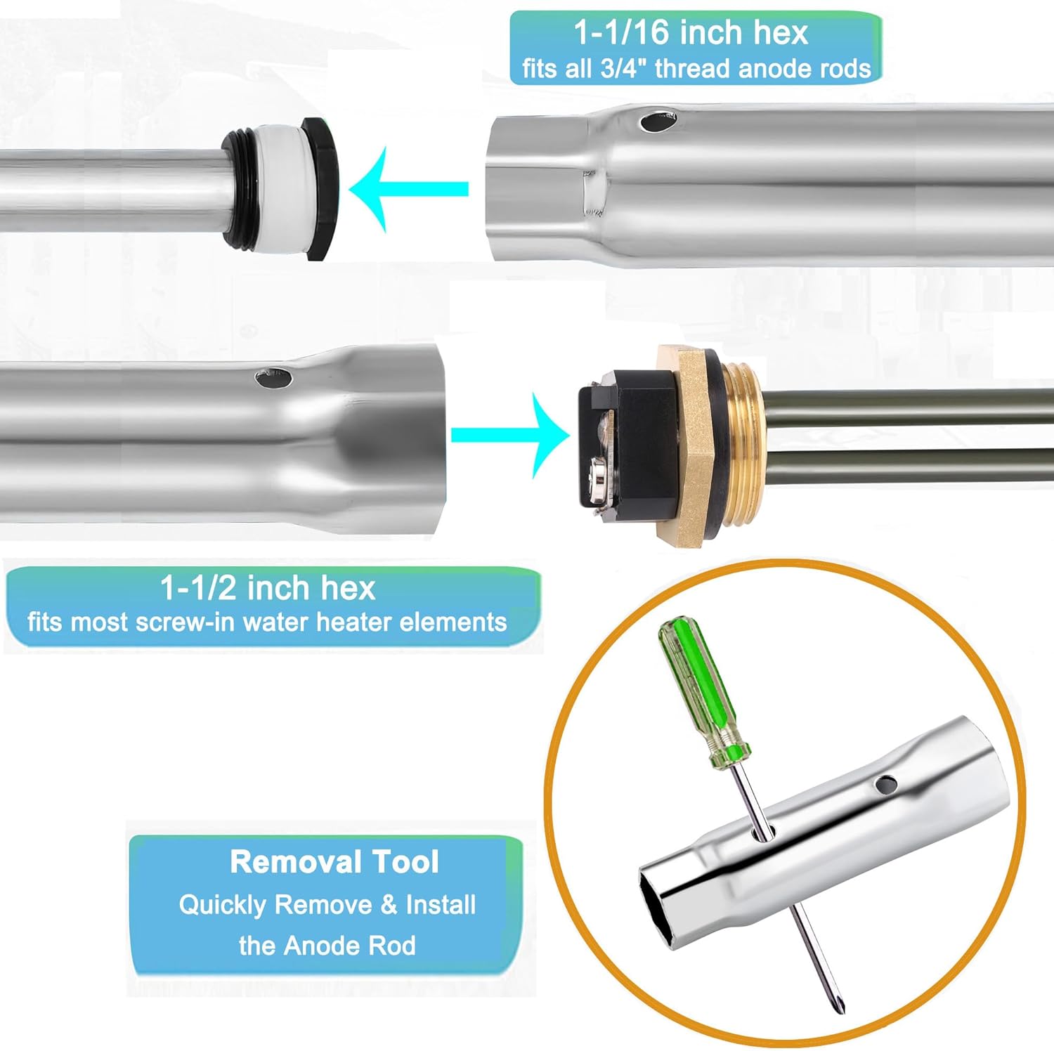 Mornajina 5 Packs RV Water Heater Anode Rod & Flush Wand & Element Socket Wrench, 9.25"L x 3/4" NPT Thread Magnesium Rod and Metal Tube Water Tank Flusher for RV Hot Water Heater