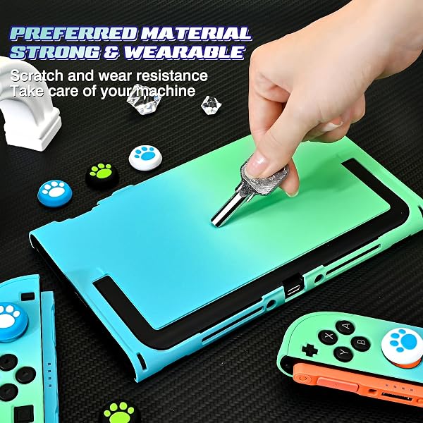 DLseego Hülle für Switch 2 2025, Dockable Farbige Harte Schutzhülle aus PC mit 2 Handgriffen und 6PCS Daumen Grips Kappe,Blau+Grün - 5