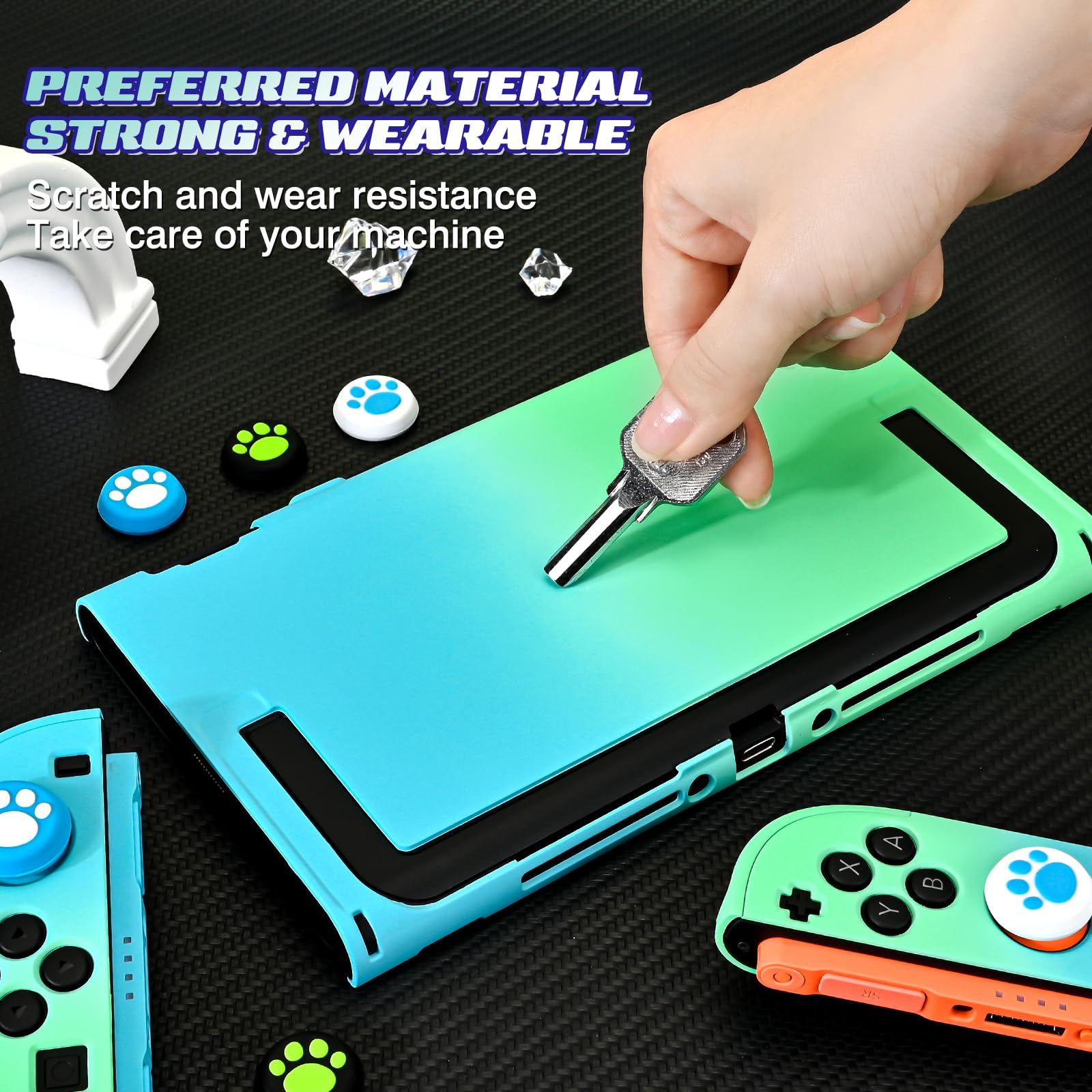 DLseego Hülle für Switch 2 2025, Dockable Farbige Harte Schutzhülle aus PC mit 2 Handgriffen und 6PCS Daumen Grips Kappe,Blau+Grün - 5