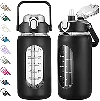 Vista 35 de kytffu Botellas de agua de vidrio de 64 onzas con popote, botella de vidrio motivacional de medio galón con funda de silicona y marcador de tiempo