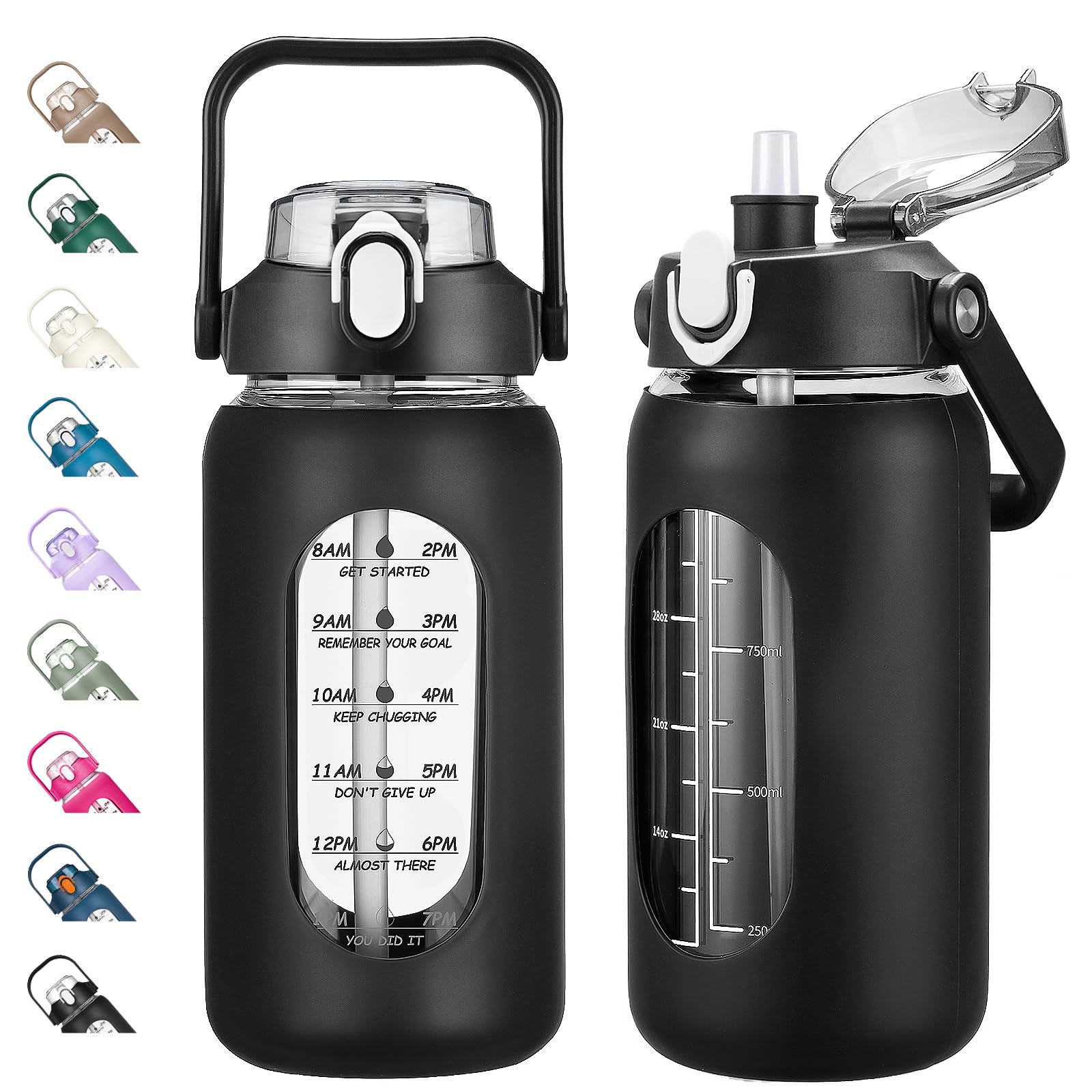 Kytffu 42oz Glass Water Bottle with Straw, Motivational Time Marker, Leakproof, Black, 1900ml, Borosilicate Glass, Sports, Travel, Home, Gifting — image 1