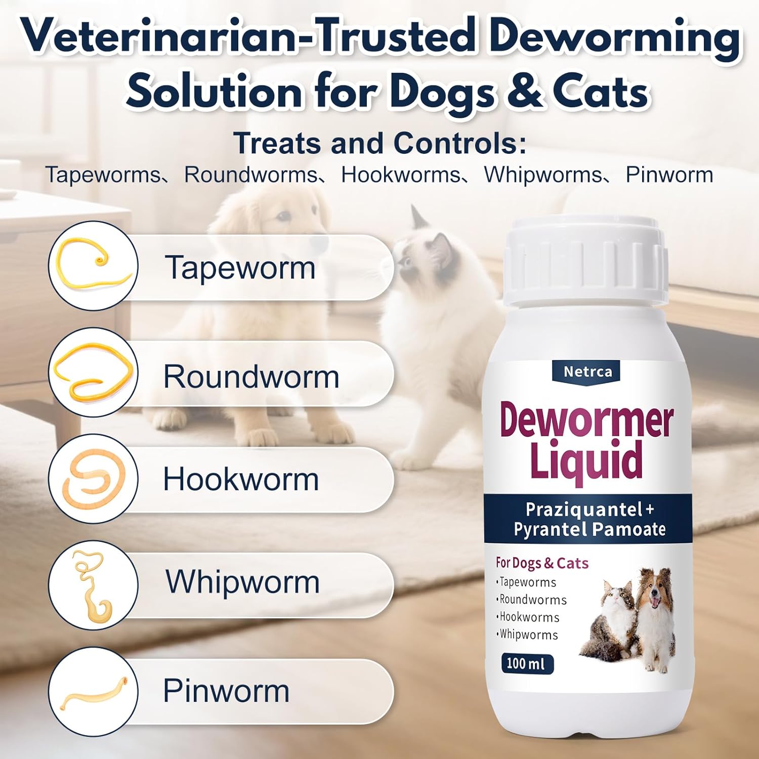 Dewormer Liquid for Dogs & Cats, 7-Way Wormer for Tapeworms, Roundworms & Hookworms, with Praziquantel & Pyrantel Pamoate – Gentle on Stomach, 100ml