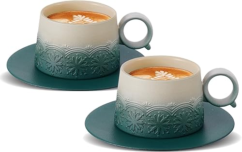 Miniatura 15 de ZENS - Juego de 4 tazas de capuchino de 8 onzas, taza de capuchino artística con relieve y platillos para arte de café con leche, tazas de café de