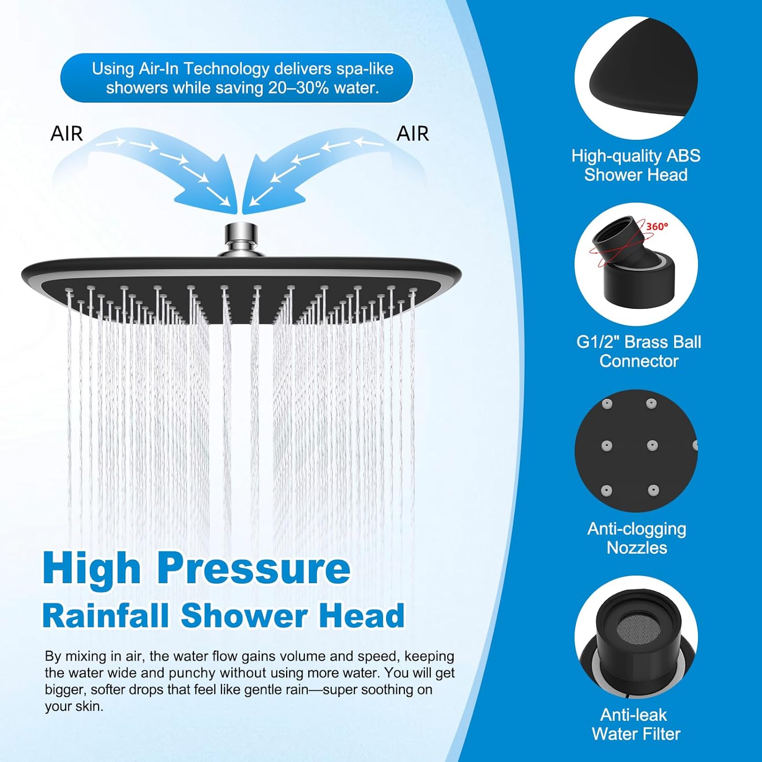 10" Black Rain Shower Head with Handheld, High Pressure Boosting Rainfall Showerhead with All Metal Adjustable Extension Arm, Easy Reach Shower Holder, 5 Spray Modes with Power Wash, Easy to Install