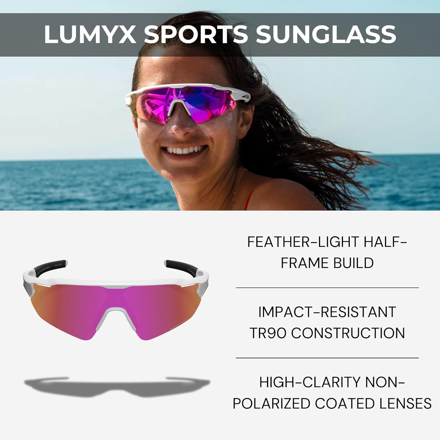 ShadyVEU Half Frame LUMYX Sports UV400 Anti Glare TR90 Hydrophobic Mirrored Lens Mens Womens Sunglasses