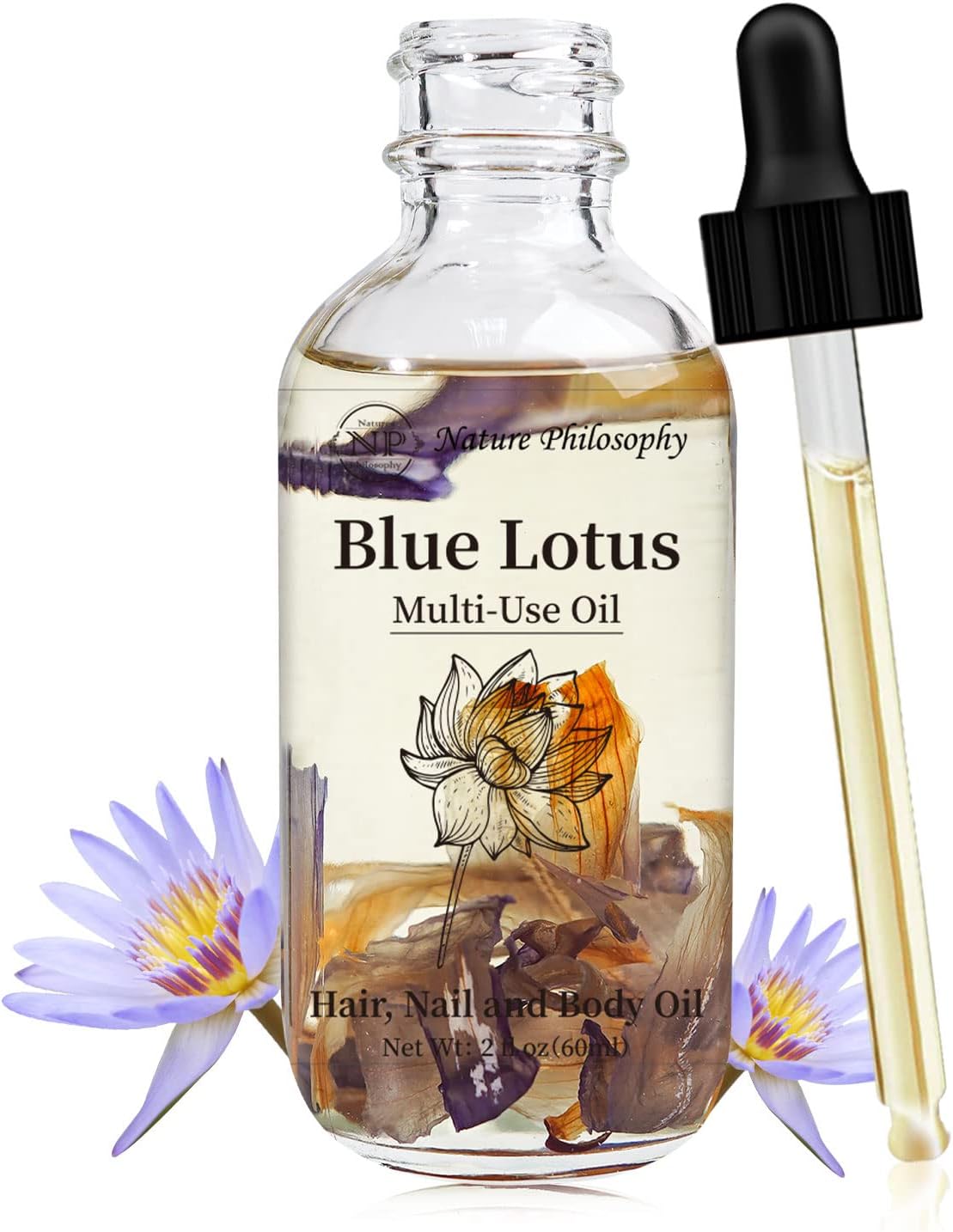 Blue Lotus Multi-Use Body Oil for Face, Hair & Skin – Lightweight Botanical Oil with Jojoba & Camellia Seed Oil, Hydrating Plant Fragrant Oil for Dry Skin, Scalp & Nails – 2 Fl Oz (60ml)