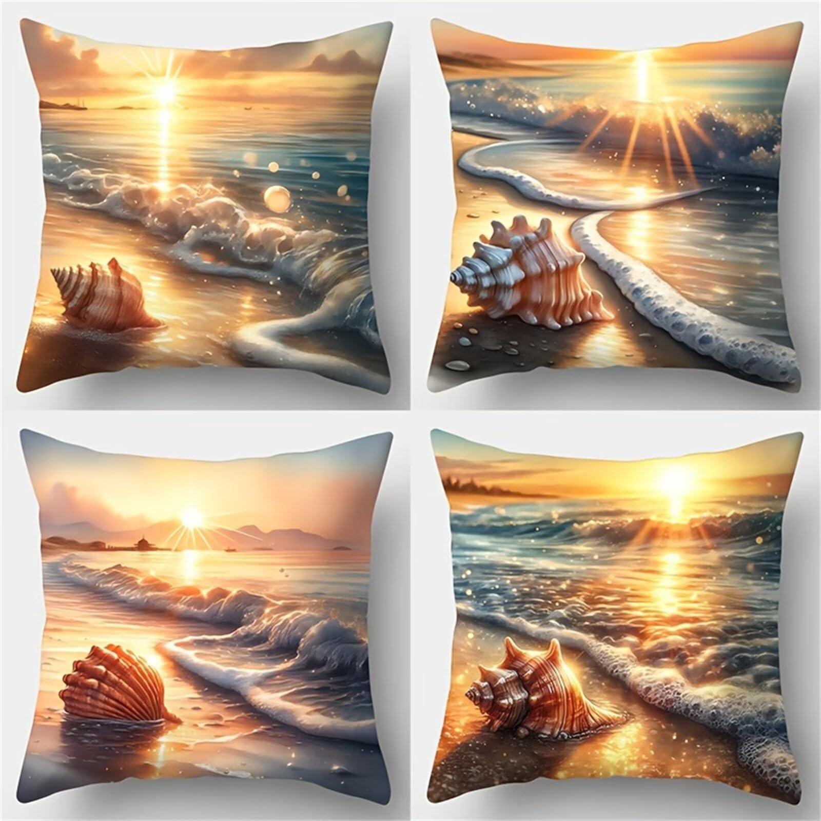 Heaen Outdoor Cushions Covers Waterproof 45x45 cm Set of 4 Square Linen Pillow Cases Sunrise Waves Beach Decorative Dushions for Sofa Porch Patio Home Decor
