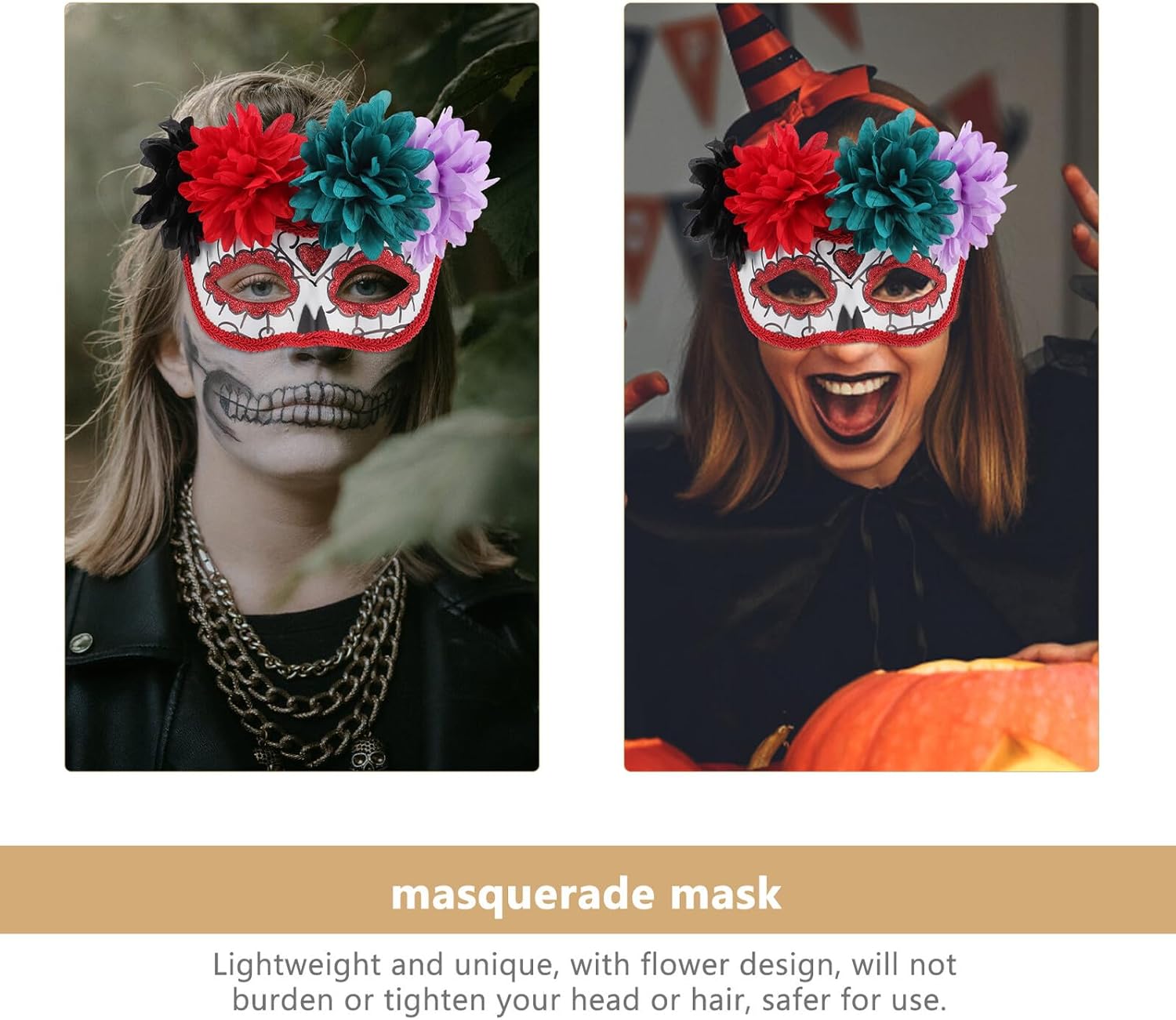 Operitacx Day of The Dead Half Face Mask with Floral Design Mexican Skull for Women Halloween Cosplay Party Accessory