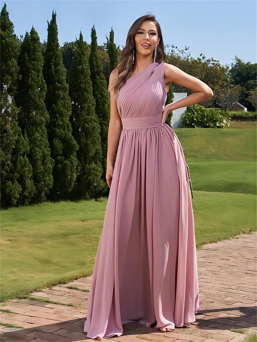 SAYNO Vestidos de dama de honor de un hombro para boda, vestido de fiesta de gasa plisado con bolsillos, vestido formal recortado