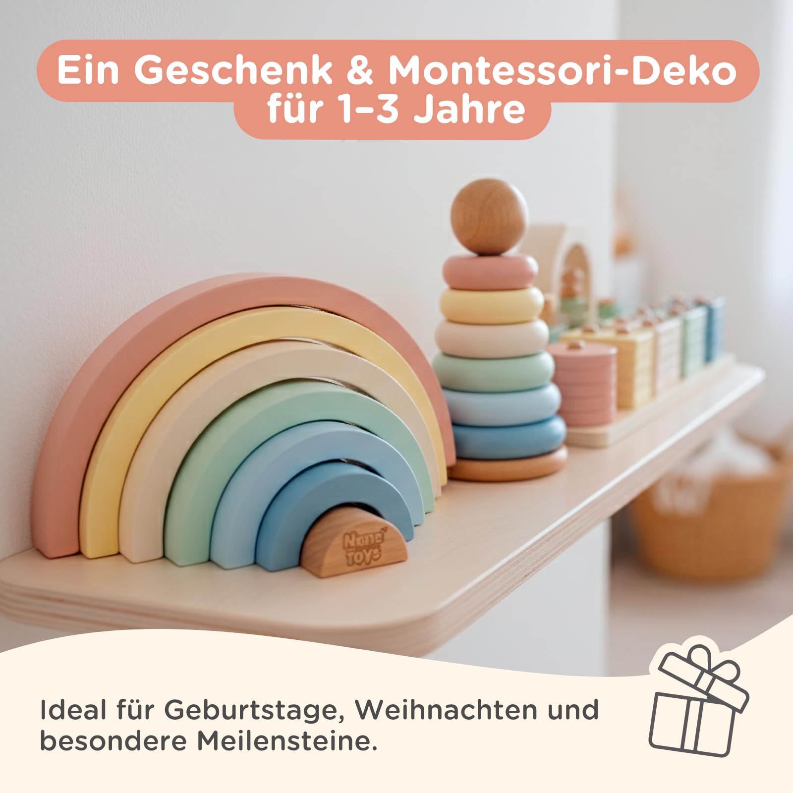 Nene Toys Montessori Holzspielzeug ab 1 Jahr – FSC 3-in-1 Regenbogen, Stapelturm & Sortier-Steckspiel – Motorikspielzeug Kleinkinder 1–3 Jahre – Lernspielzeug Geschenk Jungen Mädchen – Pastellfarben
