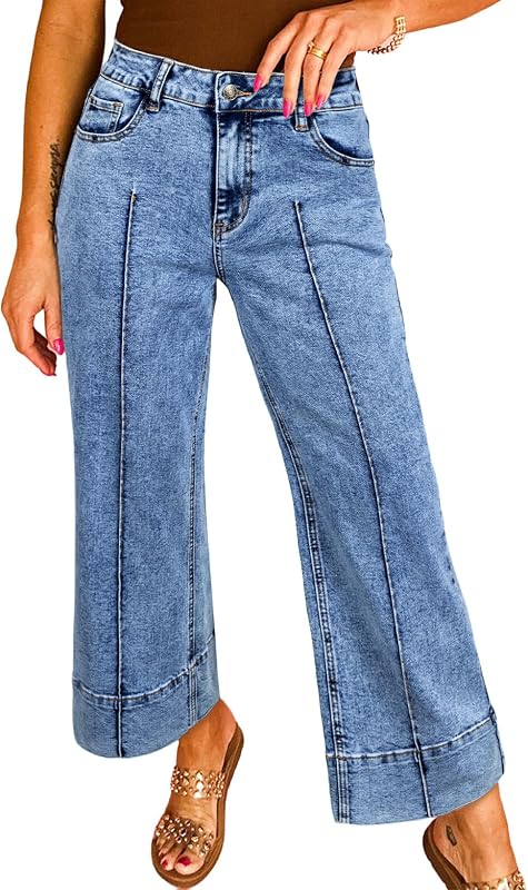 Women 2026 Wide Leg Jeans High Waisted Cropped Ankle Denim Pants | with Vertical Seams, Stretchy, Breathable, Casual