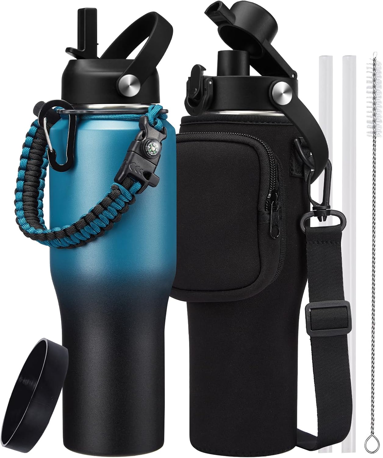 32oz 40oz Water Bottle Insulated - with Paracord Handle, Waterbottle with Straw & Auto Spout Lid, Insulated Water Cup Fit Car Cup Holder, Vacuum Travel Coffee Mug Iced Cold 48h or Hot 24h