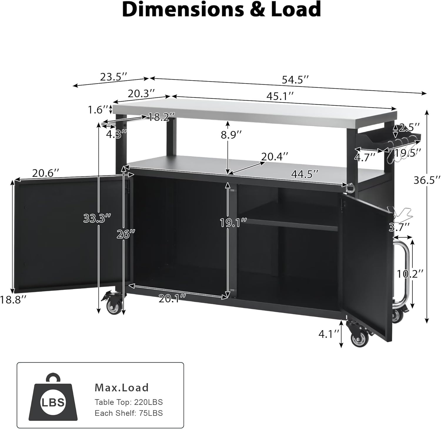 54.5" Outdoor Kitchen Island with Sink and Stainless Steel Tabletop, Metal Grill Cart Table with Storage Spice Rack and Towel Rack, Outdoor Bar Cart with 4 Lockable Wheels for Outside, Black