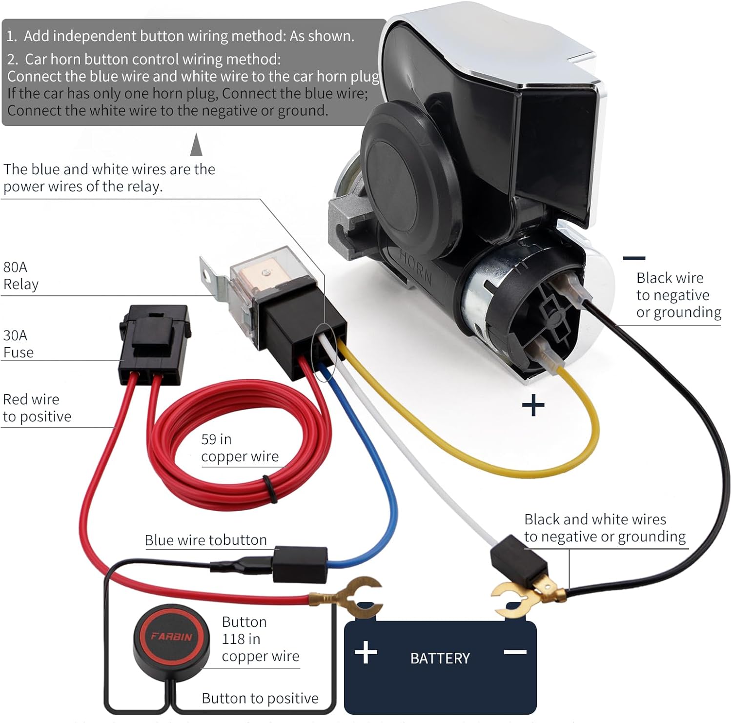 FARBIN Air Horn for Motorcycle Train Horns for Car Truck 150DB Super Loud Car Horn 12V with Button Compatible with Motorcycle with Horn Cover (12V, Silver Shell with Button)