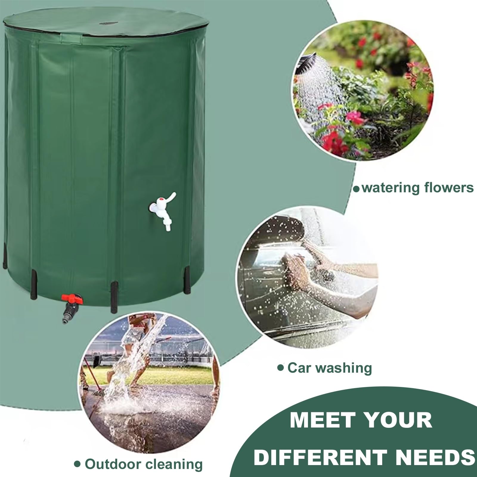Sistema de depósito de Agua de Lluvia Plegable con Soporte y Grifo. Depósito de Agua de jardín portátil con Tapa con Cremallera. Color Verde. Capacidad de 1000 litros.