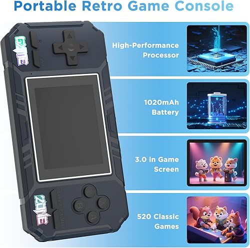 Miniatura 5 de Consola de juegos portátil, videojuegos retro, reproductor de juegos portátil, 520 videojuegos retro precargados (azul)