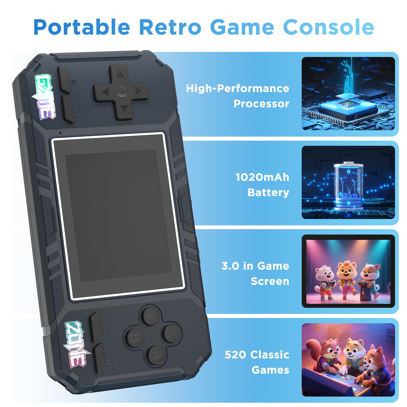 Console di gioco portatile, videogiochi retrò, lettore di gioco portatile, videogiochi retrò 520 precaricati (blu)