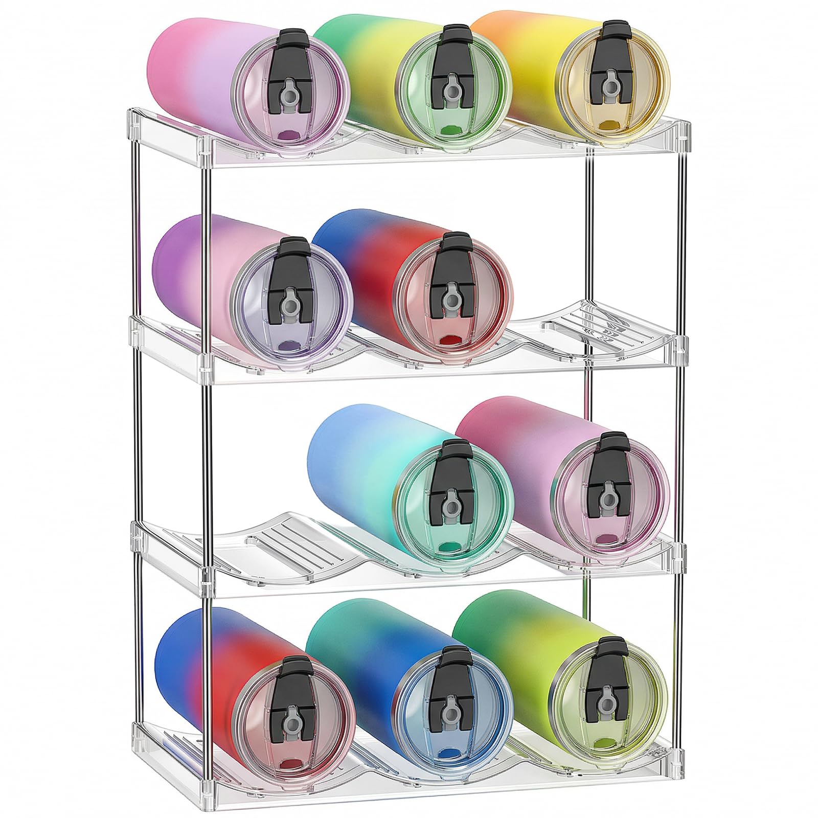 Aomig Stackable Water Bottle Storage Organiser Plastic Wine Bottle Holder Cupboard Organiser Large Compartment Tumbler Organiser Clear Mug Cup Holder for Fridge Kitchen Cabinet Wine(4 Tier Hold 12)