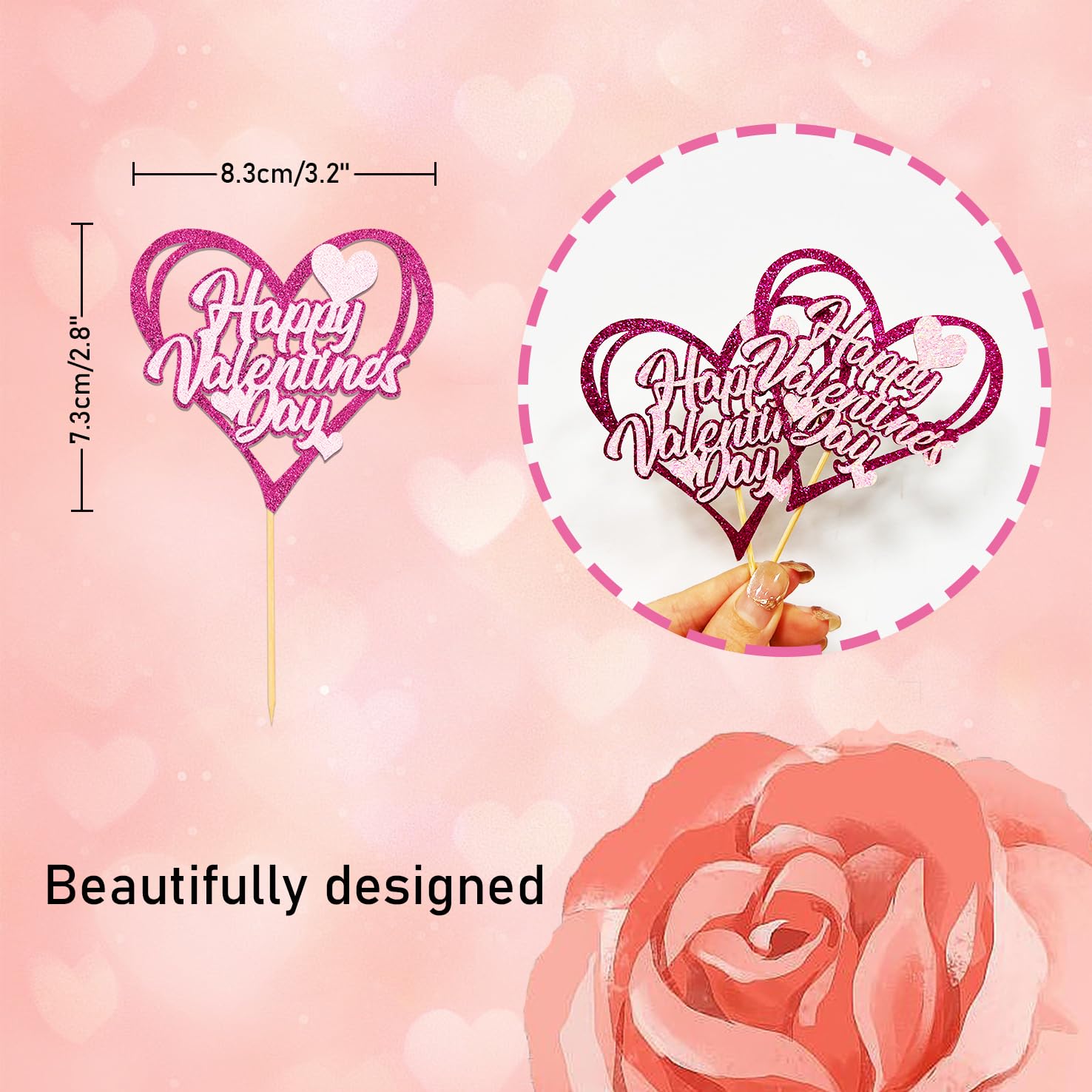 24Pcs Happy Valentine's Day Cupcake Toppers,Sweet Love Theme Cupcake Picks for Valentine's Cake Decorations (Rose red heart) - Image 2
