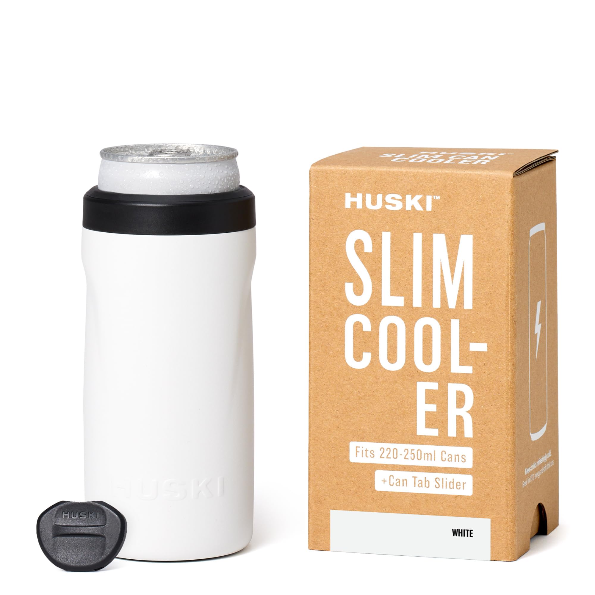 Huski Slim Can Cooler | NEW | Fits 250ml Premix/RTD, Energy & Soft Drink Cans | Triple Insulated | Detachable 2-in-1 Can Tab Slider | Keeps Cans up to 5X Colder | Great Gift (White)