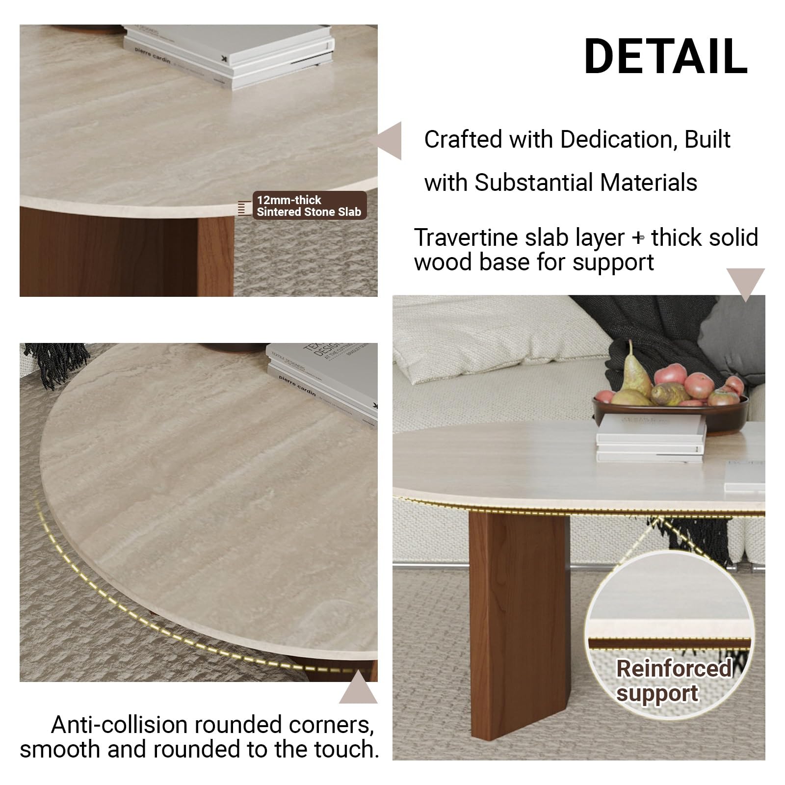 Mesa de Centro Ovalada para Sala Moderna, Tablero Piedra sinterizada, Base Madera Maciza, Mesa Minimalista para salón, Cocktail Tables para Apartamentos pequeños(100cm/39.4in)