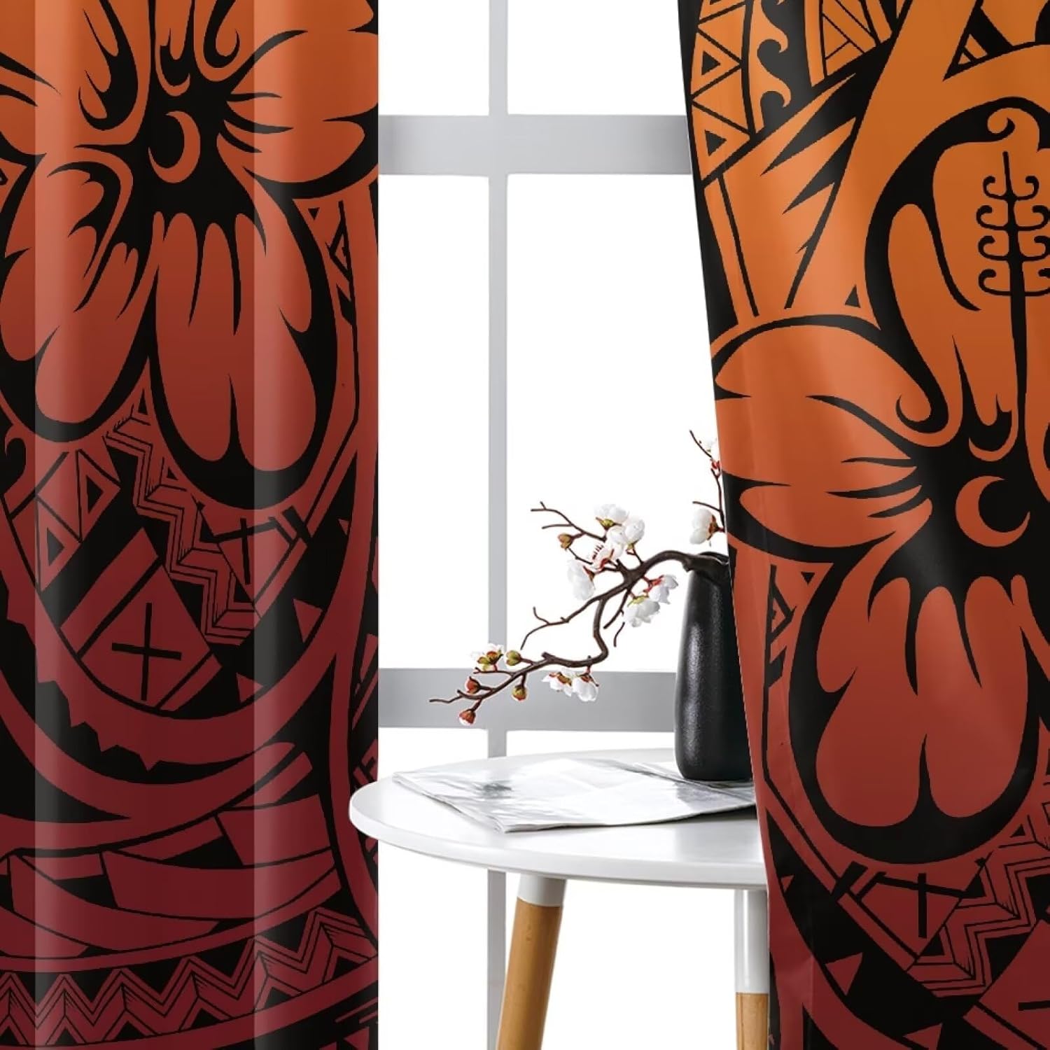 Polynesian Decor Grommet Blackout Curtains for Bedroom and Living Room Tattoo Tapa Plumeria Print Thermal Insulated Room Darkening Curtains 63 inch Long 2 Panels Set