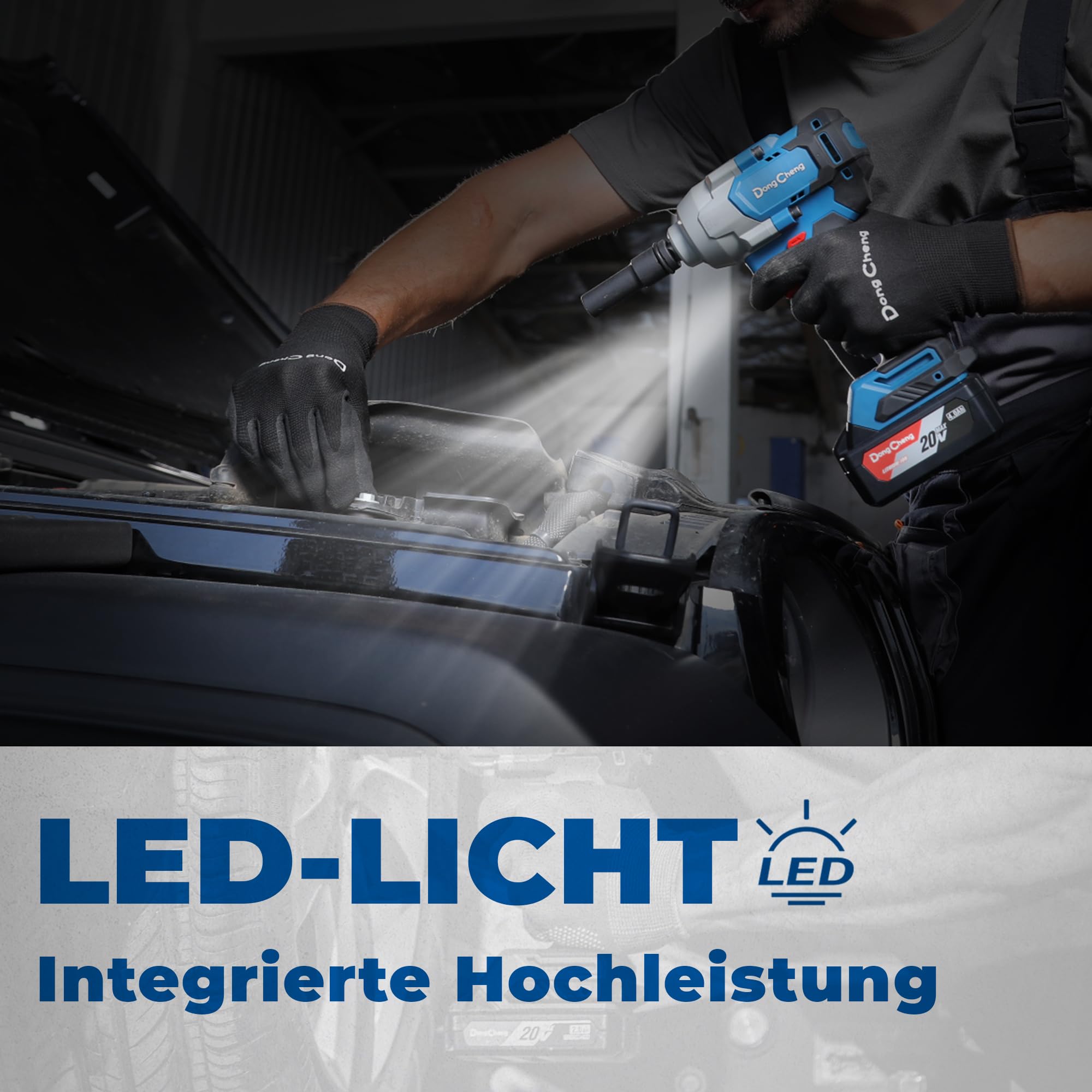 Dong Cheng 20V bürstenloser Schlagschrauber, 908Nm hohes Drehmoment, 2200U/min, 1/2 Zoll akku-Schlagschrauber mit Aufbewahrungsbox, 4-Modus, inklusive 2x4,0 Ah Akkus & Ladegerät