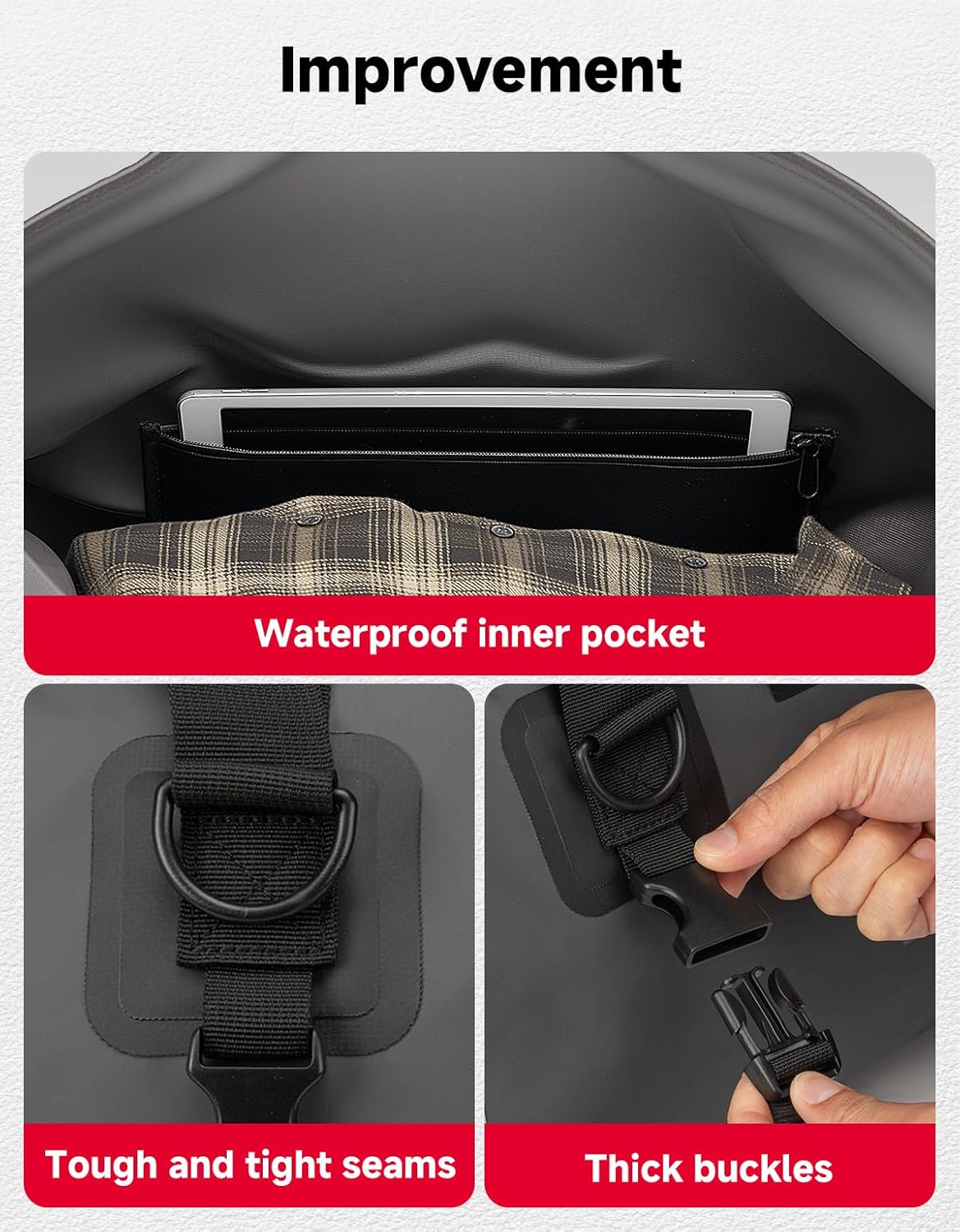 KEMIMOTO Waterproof Motorcycle Dry Bag – Duffle Tail Bag Soft Luggage, 25L/40L/65L Large Capacity with 4 Quick-Release Straps, Dustproof for Touring, Adventure, Motorcycling & Camping Grey