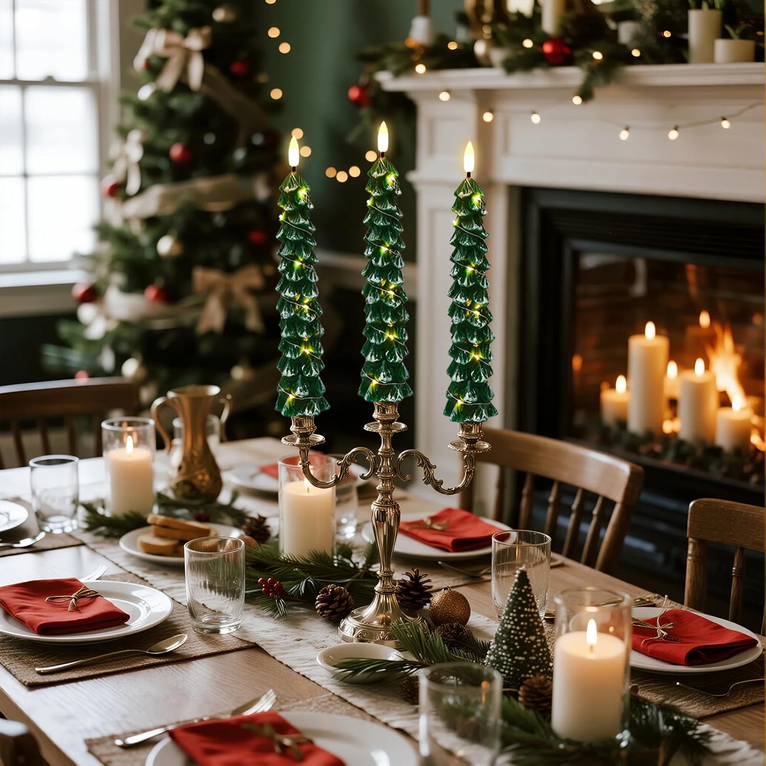 GenSwin Flameless Christmas Tree Candles with Remote Timer, Real Wax Christmas Tree Flameless Taper Candles Battery Operated with String Lights, Set of 4 LED Tree Candlesticks for Home Winter Decor - Image 2