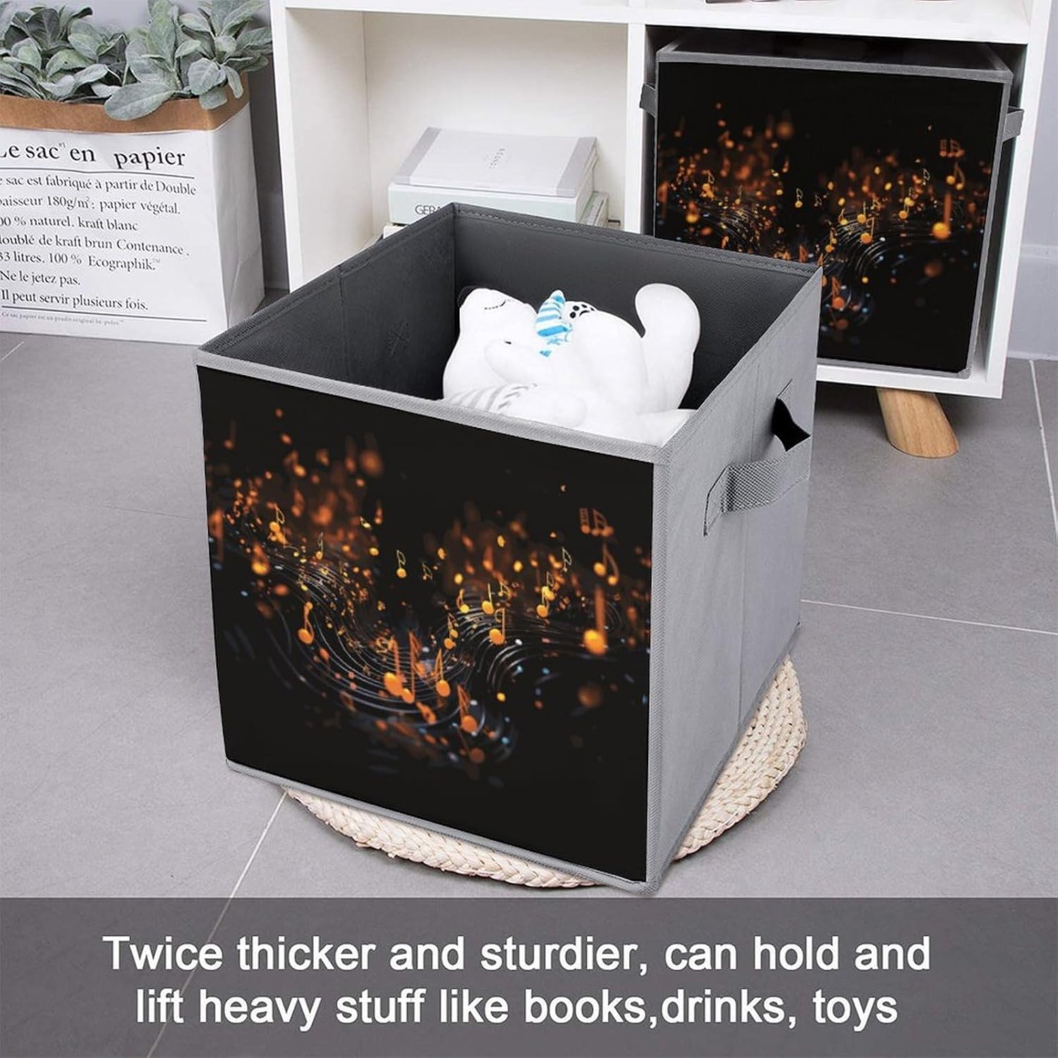 Musical Notes on Dark Background Storage Cubes Set of 6 Storage Bins with Handles Collapsible Storage Basket Fabric Storage Box for Shelves Large Closet Shelf Organizer for Organization 11 Inch