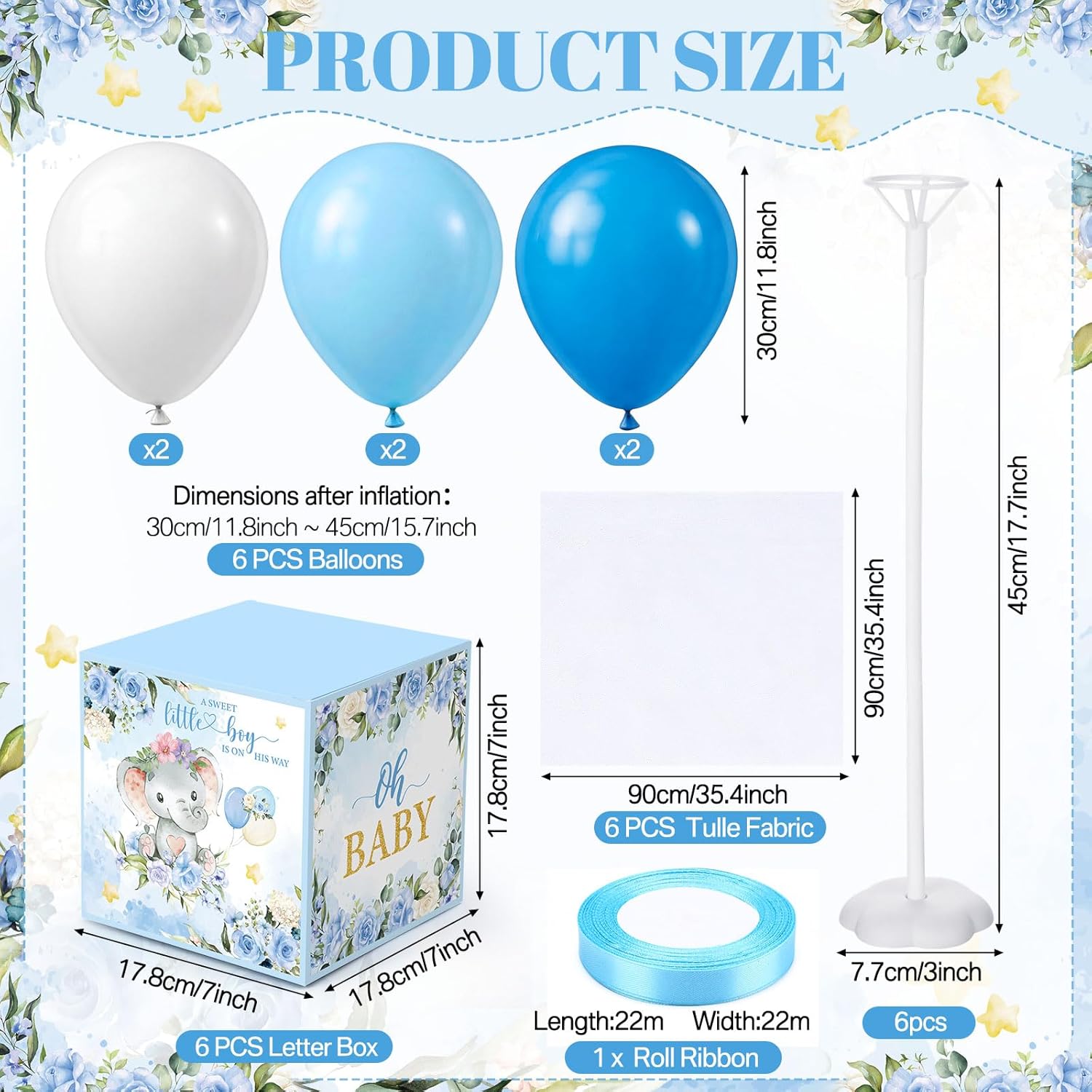 6 Set Elephant Tulle Tutu Balloon with Letter Boxes Baby Shower Table Centerpieces Decor for Gender Reveal Balloons Tulle Cover with Stand Elephant Themed Baby Shower Birthday Party(Blue)