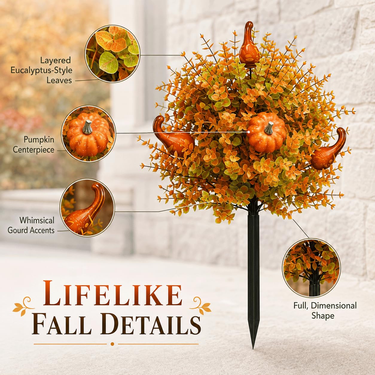 Confezione da 2 fiori artificiali autunnali a sfera, per esterni, con paletti, 55,9 cm, finti alberi di zucca autunnali con foglie d'arancio e zucche, resistenti ai raggi UV, pianta finta per portico