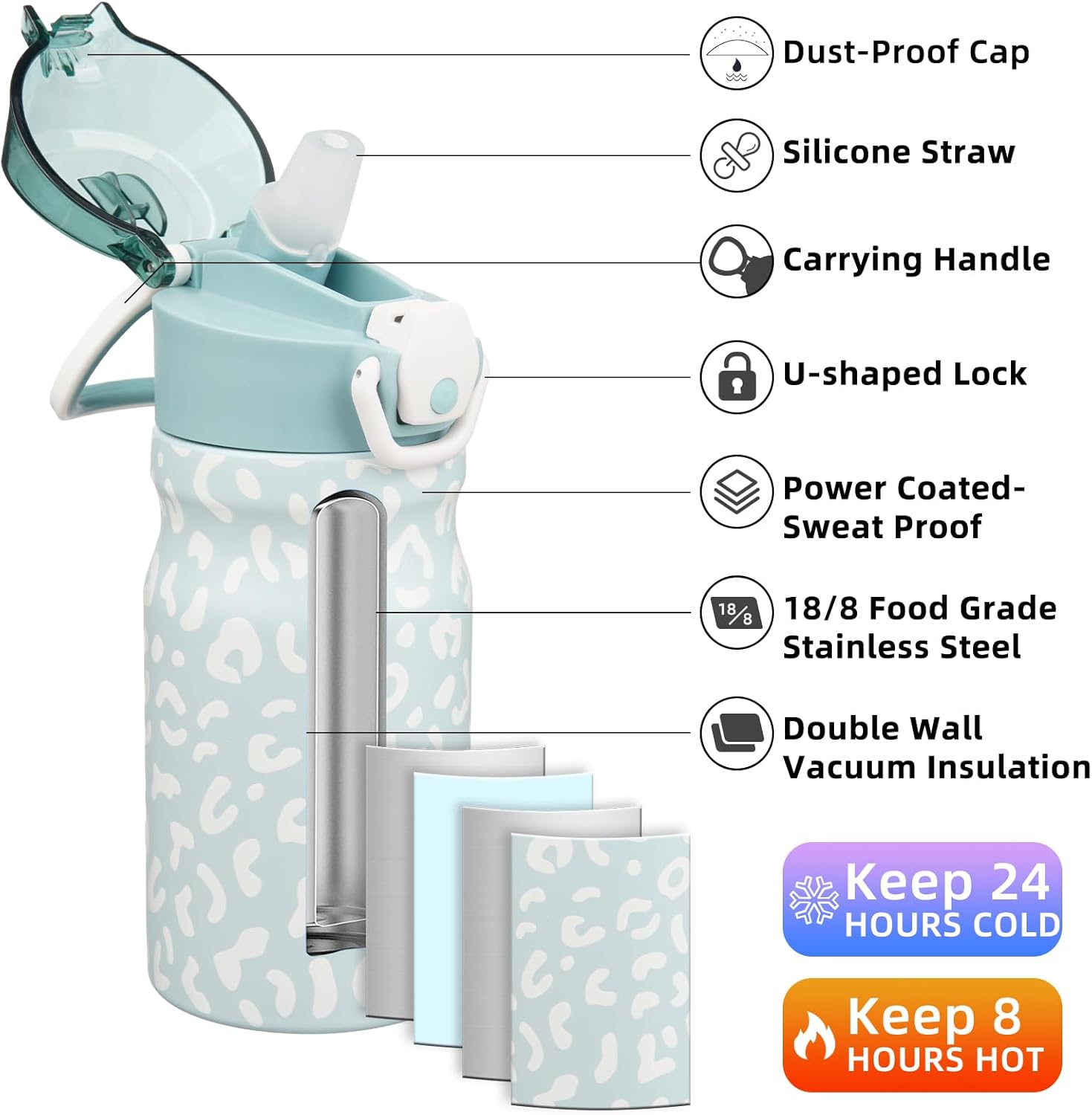 BJPKPK Water Bottle with Straw 14oz Insulated Water Bottles Reusable Stainless Steel Metal Thermal Flask with Leak Proof Lockable Lid and Carry Handle,Light Blue Leopard - Image 2
