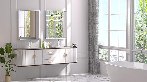 Miniatura 68 de TETOTE Espejo de 60 x 36 pulgadas para baño, espejo de tocador dorado de latón cepillado, espejo de pared grande rectangular con marco de metal Oro