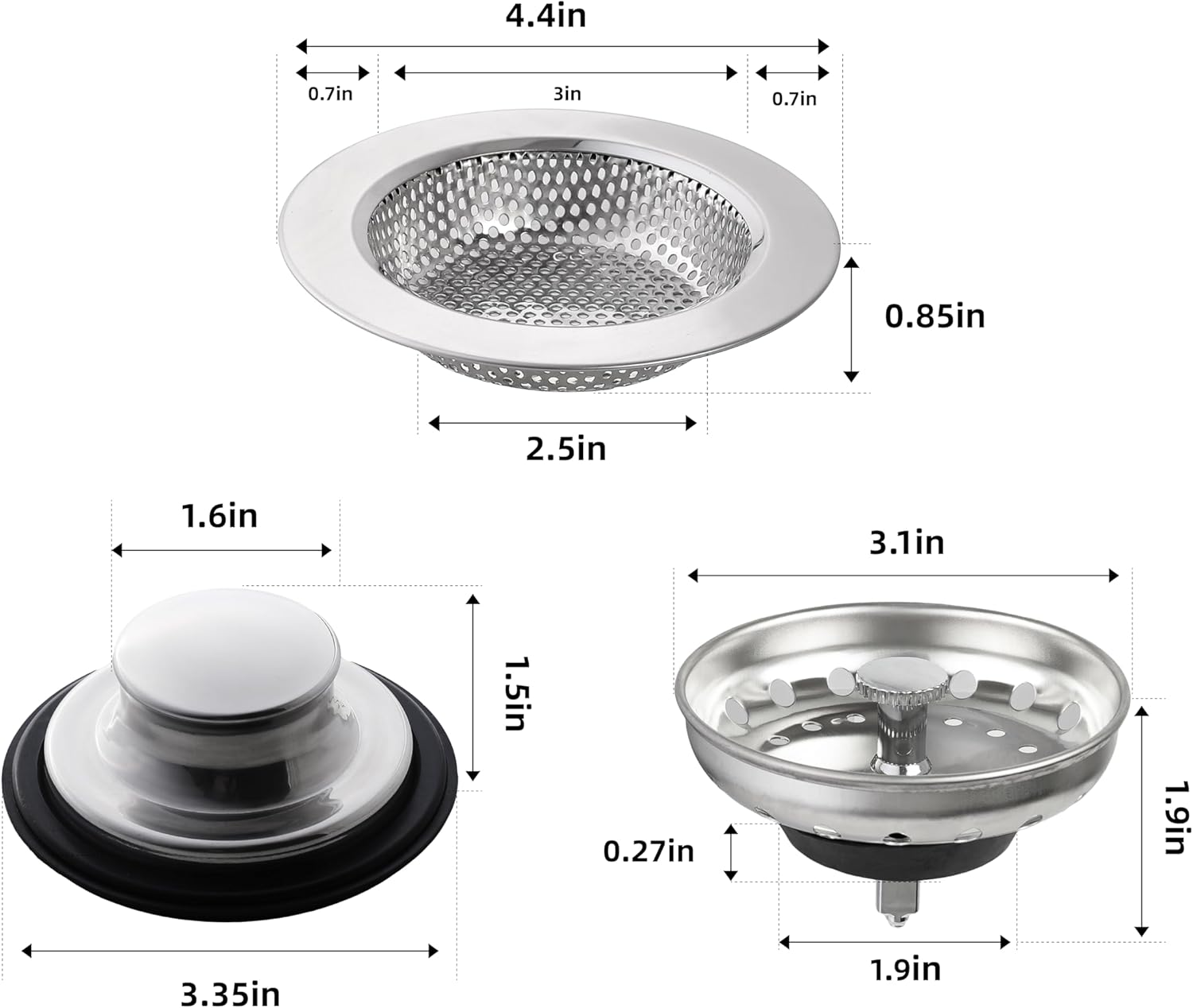 RQYEKDO 3-Pack Kitchen Sink Drain Strainer Stopper Set, Universal Anti-Clogging Stainless Steel Garbage Disposal Plug with Handle, Perforated Basket Filter Sieve for Standard 3.5" Drains (Silver)